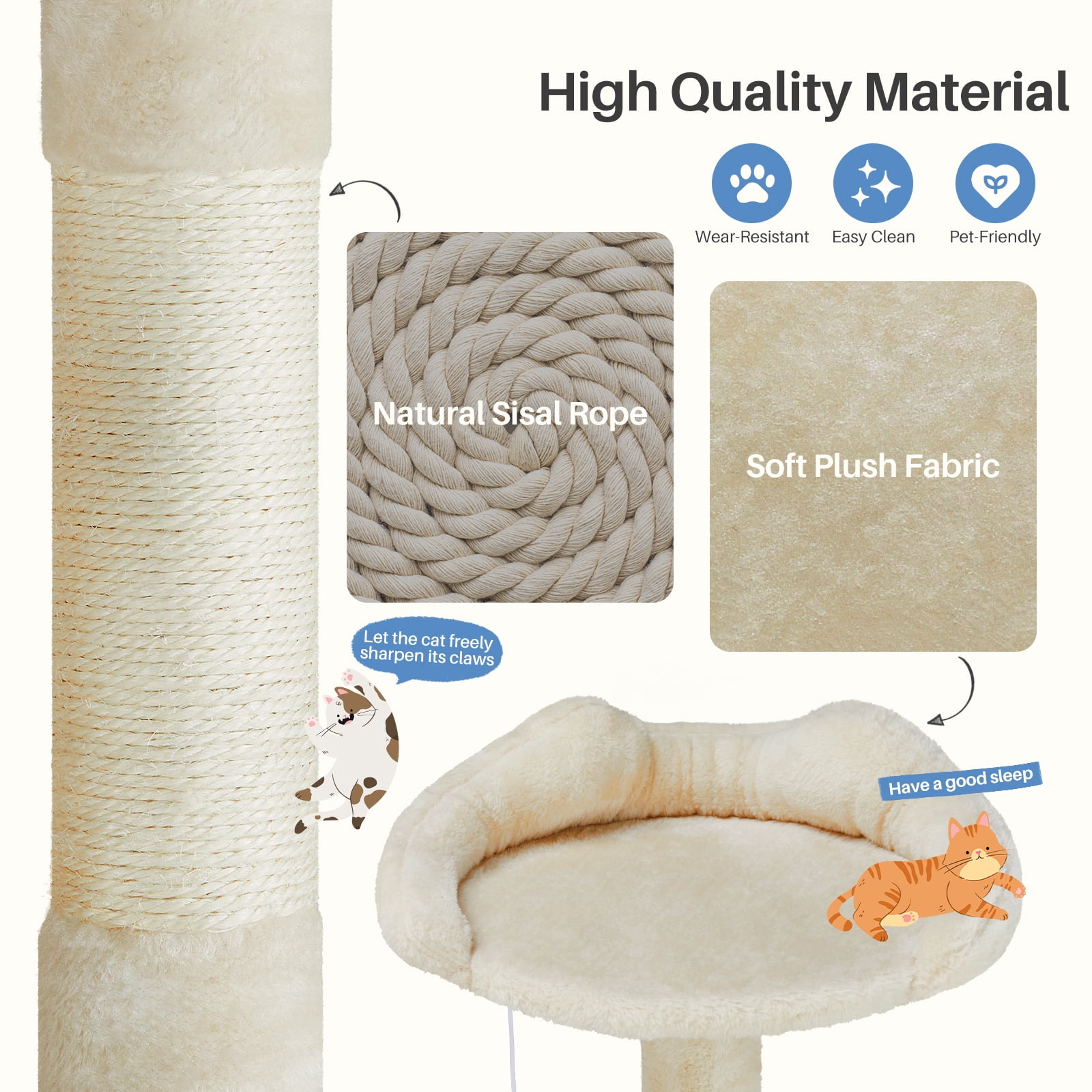 Cat Tree, 54-Inch Multi-Level Cat Tower with Scratching Post, Plush Cat Condo, Light Cream