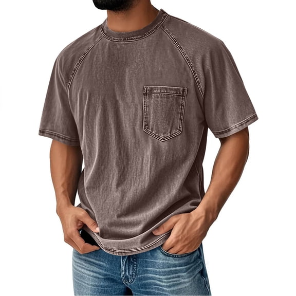ZCFZJW Vintage Washed Tops for Men Trendy Summer Short Sleeve Distressed Oversized Crew Neck T-Shirts Retro Basic Solid Color Workout Tees Shirt with Pockets Brown S