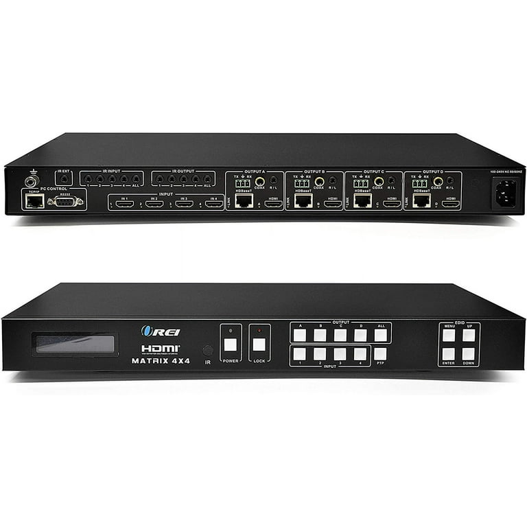 Professional 4K 4x4 HDMI Extender Matrix by OREI - HDBaseT UltraHD 4K @  60Hz 4:2:0 Over Single CAT5e/6/7 Cable with HDR Switcher & IR Control,  RS-232