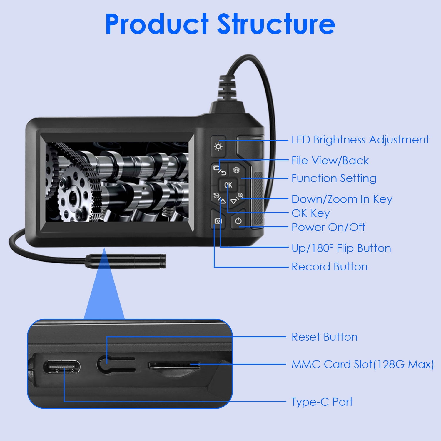 Teqhome Endoscope Inspection Camera with  8 LED Light Type-C 1080P HD Borescope with 4.3" IPS Screen 16.4ft Semi-Rigid Cord IP67 Waterproof Plumbing Snake Camera