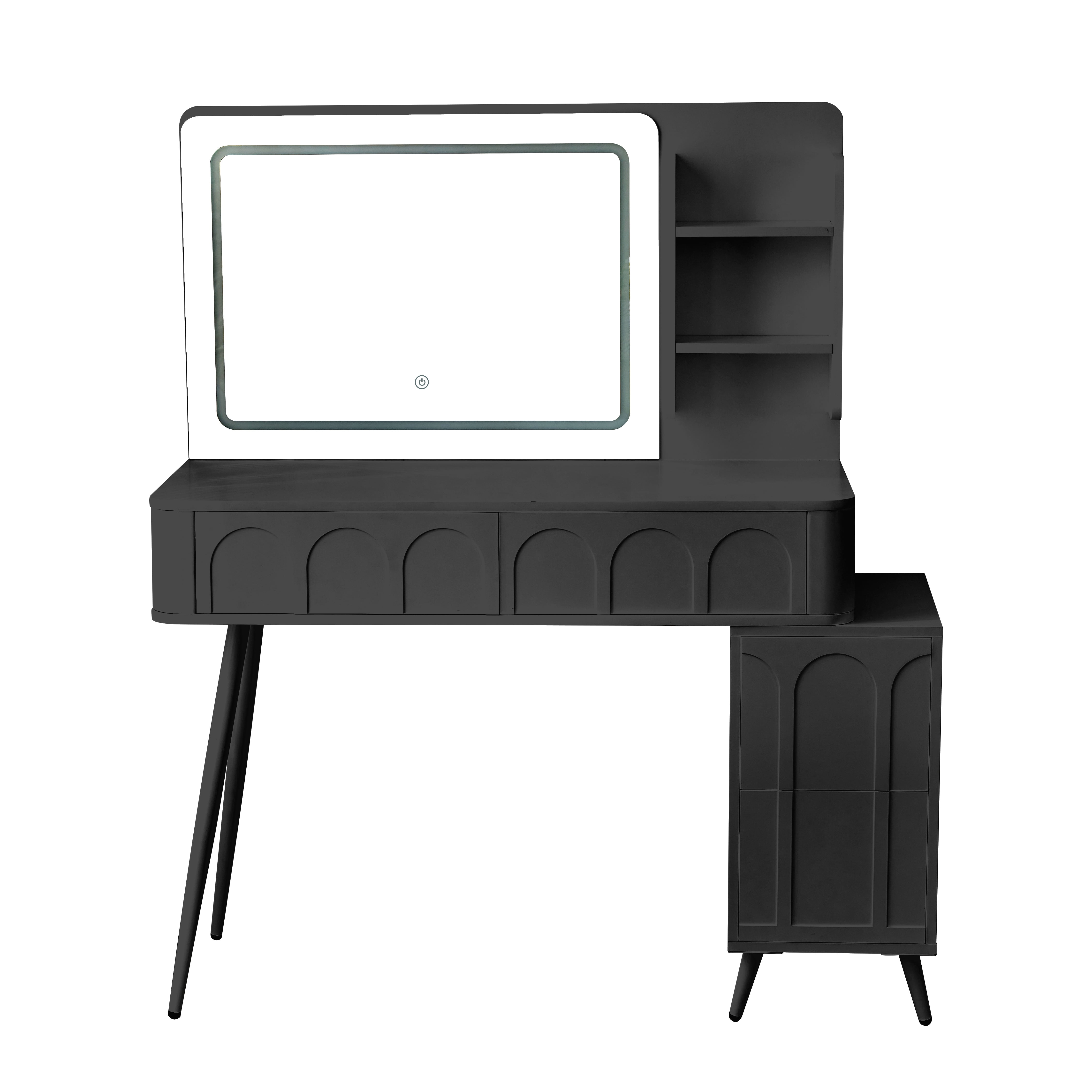 Euroco Modern Makeup Vanity with LED Lighted Mirror & Adjustable Side Cabinet – Fluted Panel Design, Magnetic Drawers, Cushioned Stool