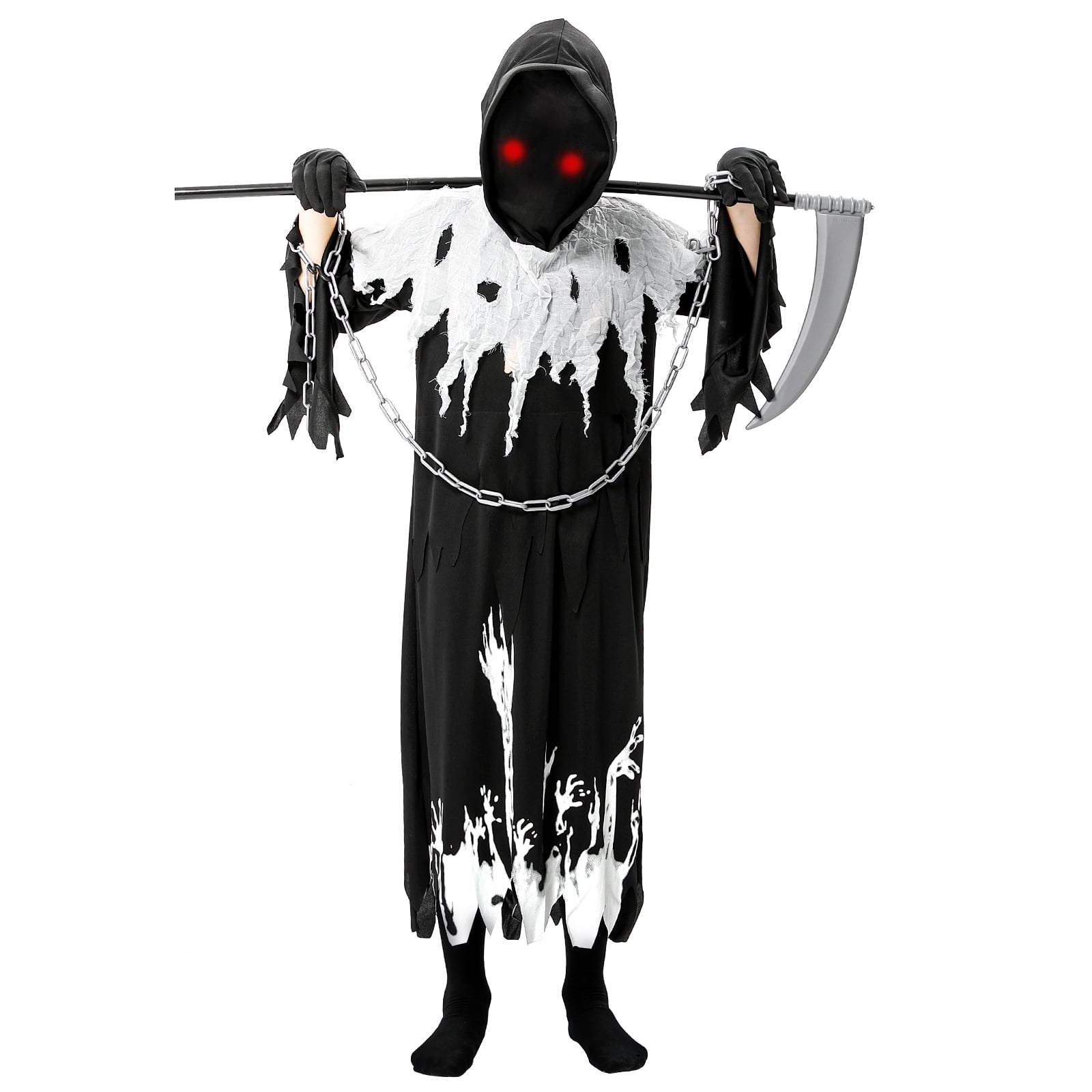 Grim Reaper Halloween Costume with Glowing Red Eyes for Kids, Reaper Scythe  Included- Black(Medium)