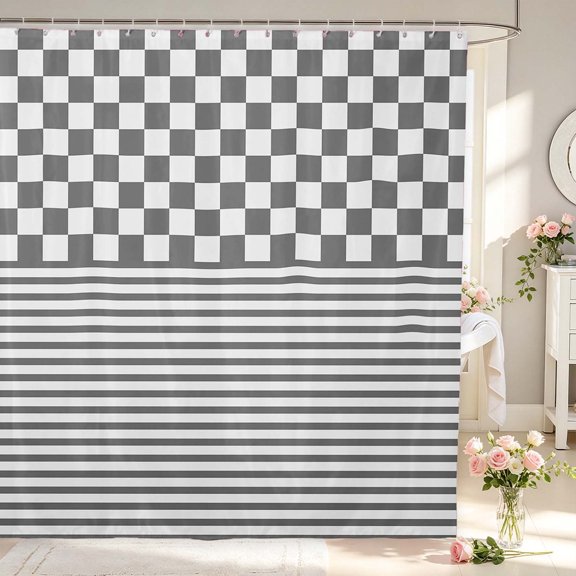 Manfei Geometric Check Shower Curtain 72Wx72L,Classic Plaid Bathroom Curtain,Gray White
