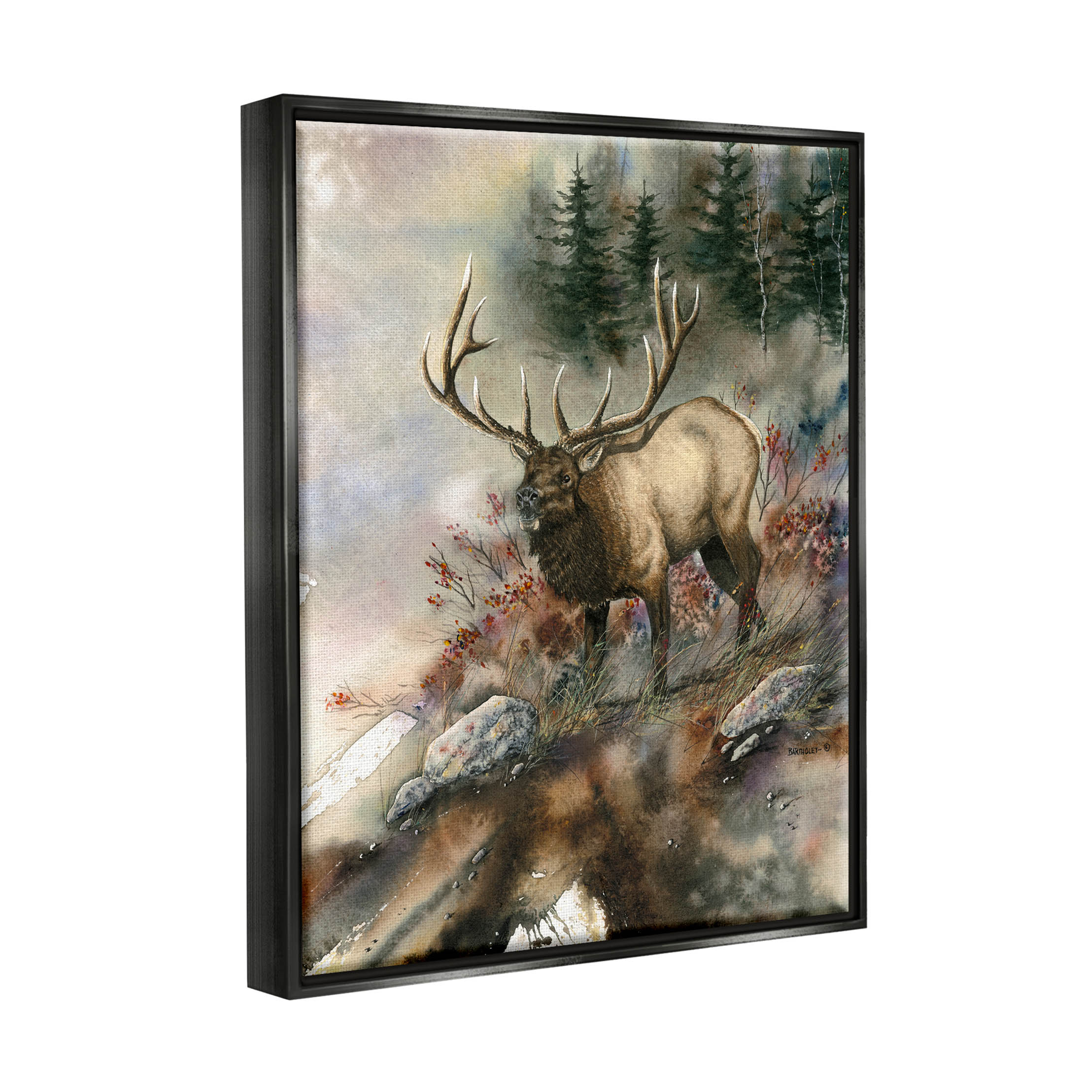Elk Woodland Slope Clearing Animals & Insects Graphic Art Jet Black Framed Art Print Wall Art