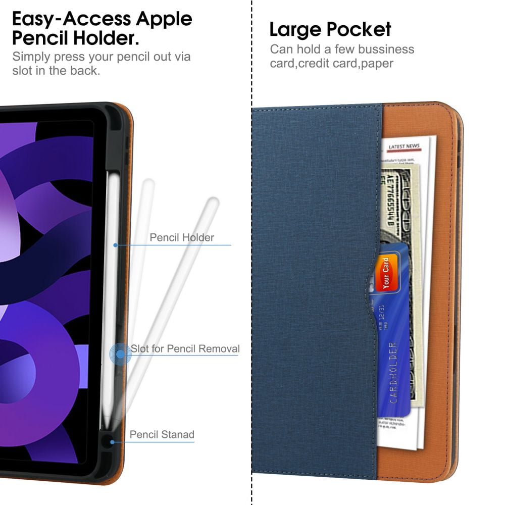 iPad Air 5th/4th Generation Case 2022/2020, iPad Air 10.9 Inch Case Cover with Built-in Pencil Holder and Hand Strap, Auto Sleep/Wake, Multiple Viewing Angles for iPad Air 5/4 Gen, Blue/Brown