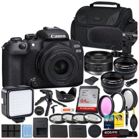 Canon EOS R10 Mirrorless Camera + RF 50mm f/1.8 STM Lens | Portrait & Low-Light Kit, SanDisk Ultra 64GB Card, Camera Case, Extra Battery, Gripster Tripod, Video Mic (International Model)