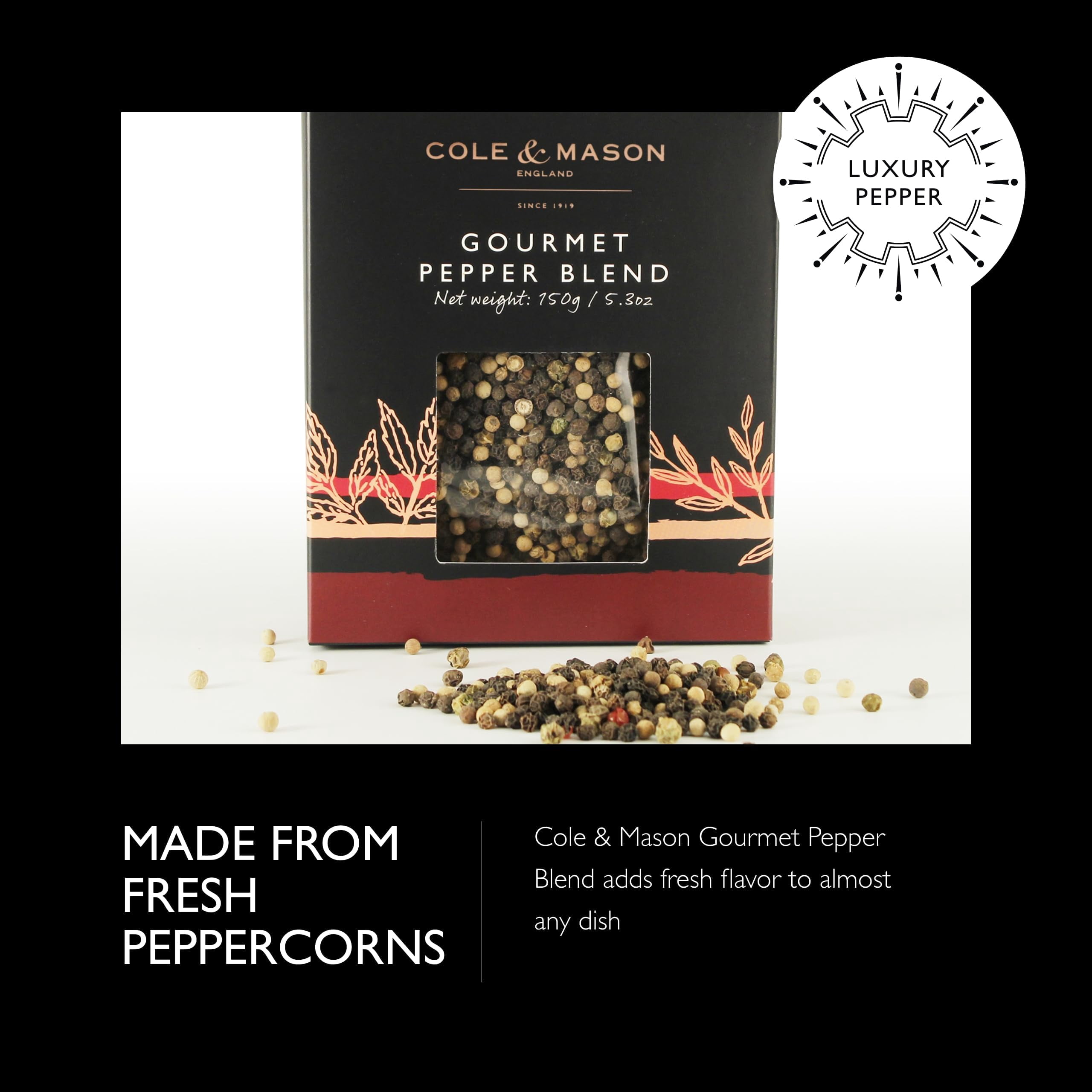 Cole & Mason Gourmet Spice Refill Box - Pairs Well with Chicken, Beef, Pork & More - Peppercorn Refill for Pepper Mill Grinder - Gourmet Pepper 5.3 Oz Box