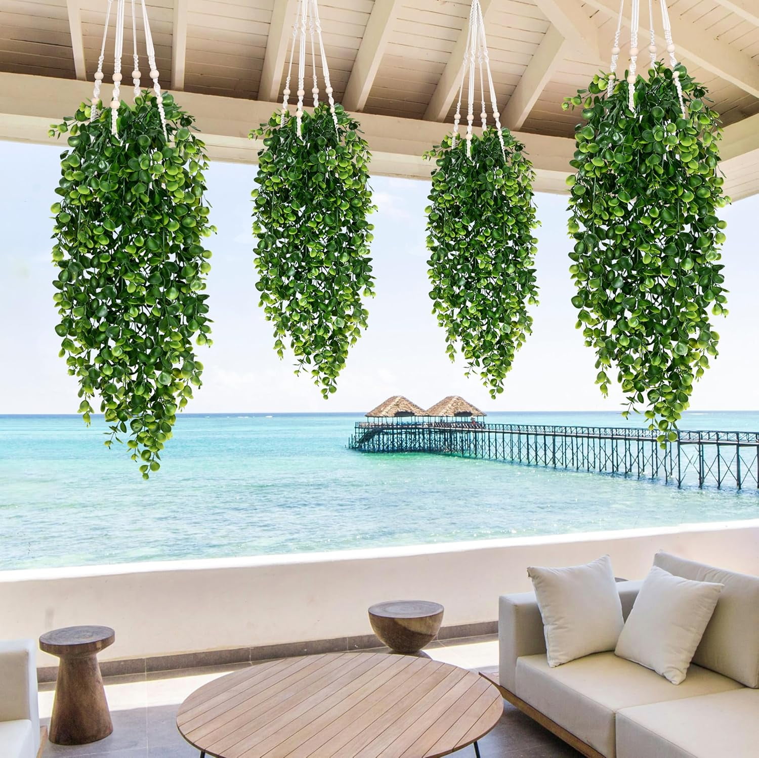 Waipfaru 8 Pcs Fake Hanging Plant,Faux Eucalyptus Leaf Greenery Vine,UV Resistant Plastic Plant,Artificial Hanging Plants,Ivy Room Decor,Outdoor