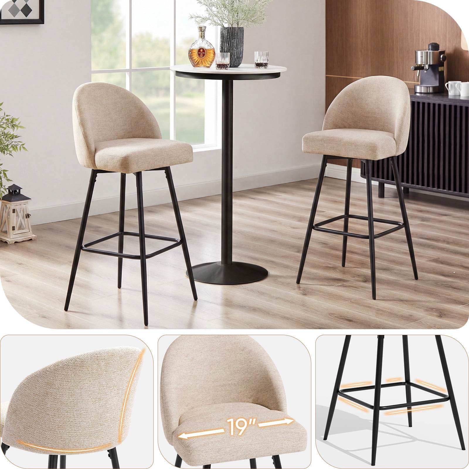 JULY'S SONG Counter Height Bar Stools with Back Sets of 2, 360°Swivel Upholstered Barstools with Metal Legs, 27" Seat Height Bar Stool for Kitchen Island, Light Flax