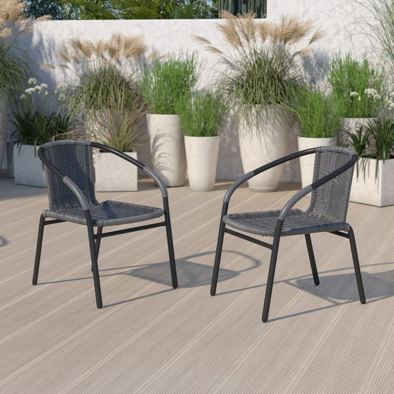 Emma   Oliver 2 Pack Gray Rattan Indoor-Outdoor Restaurant Stack Chair with Curved Back