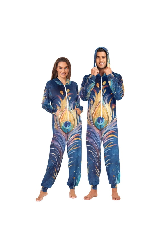 Watercolor Peacock Feather Adult Onesie Pajamas Slim Fit Christmas One Piece Suit Pjs for Women and Men Hooded Zipper