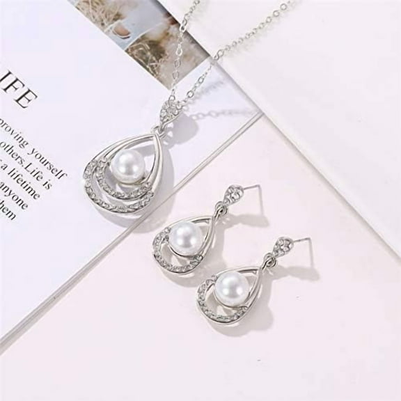 3Pcs Teardrop Alloy Rhinestone Stud Dangle Earrings & Pendant Necklaces Sets Jewelry Sets with Plastic Imitation Pearl Platinum Jewelry Set for Valentine's Day Elegant Gifts