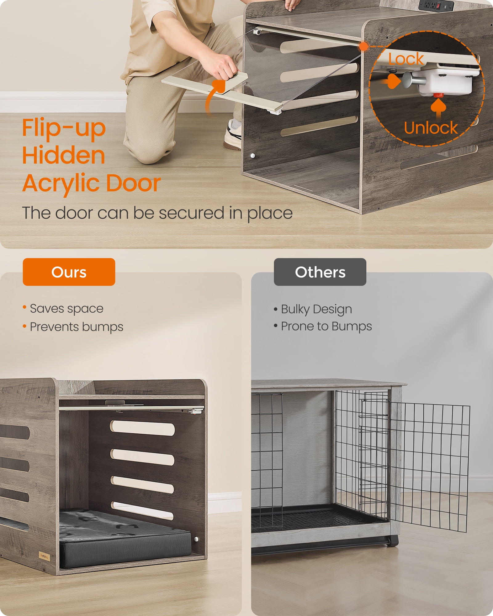 Feandrea Modern Dog Crate Furniture with Charging Station, Kennel Indoor with Flip-up Hidden Acrylic Door, for Small Dogs up to 22 lb, Side End Table, Heather Greige