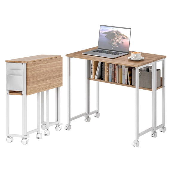 Folding Computer Desk with Storage, Small Desk with Wheels - Natural Wood
