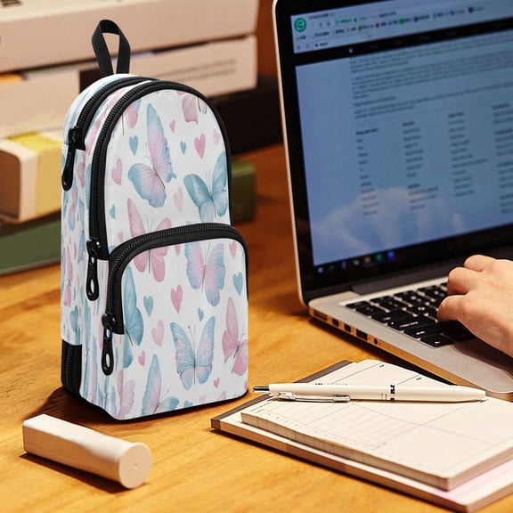 Backpack Pencil Case, 3 Compartment Large Capacity Oxford Fabric Pencil Pouch / Gentle Pastel Butterfly Print