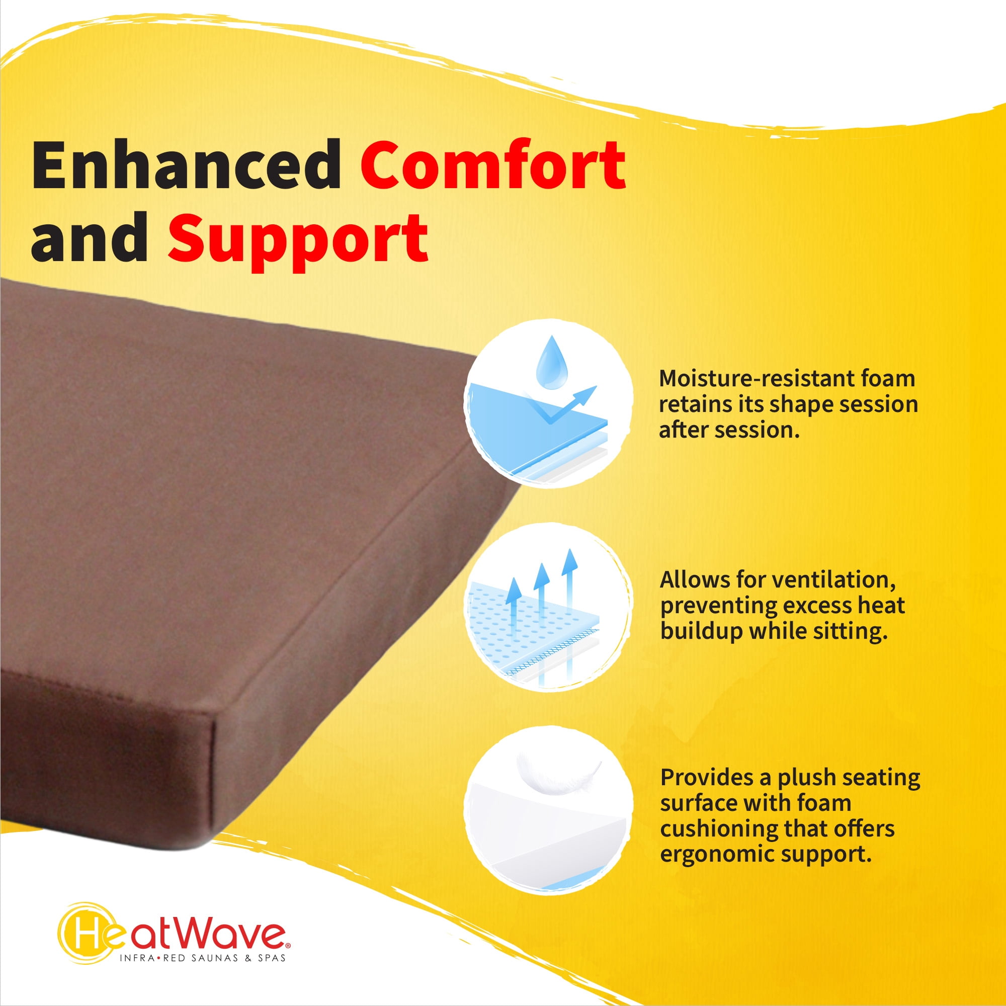Heatwave 43-in Polyester Wood Sauna Seat Cushion – Durable Quick Drying & Moisture Resistant Foam, Machine Washable Cover with Zipper – Indoor Infrared Sauna Accessories - Pack of 1, Brown