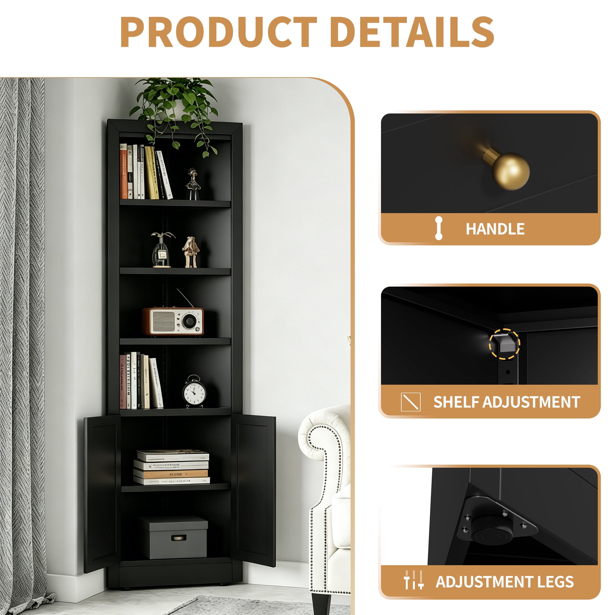 Leumius 71" Tall Corner Storage Cabinet with 2 Doors,Freestanding 5-Tier Metal Cabinet with Adjustable Shelves for Kitchen Living Room Bathroom,Black