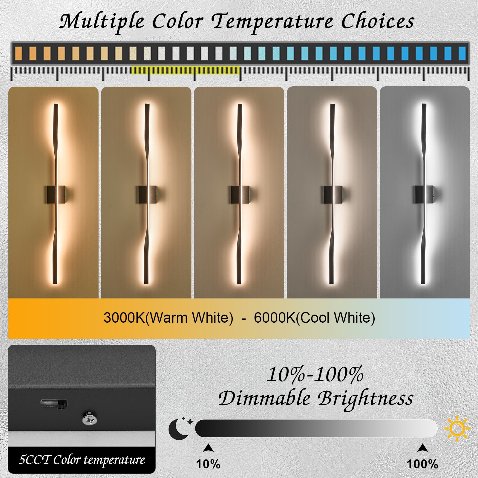 Modern Vanity Light 48" Black Wall Light Over Bathroom Mirror 5CCT Dimmable Long LED Wall Mount Lighting Fixture for Living Room Bedroom