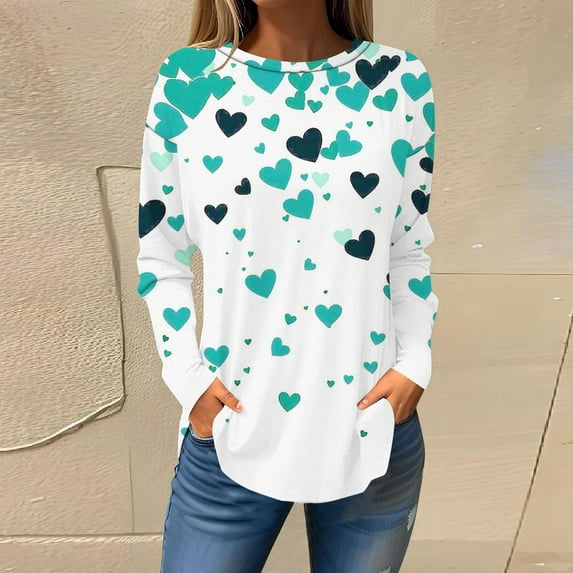 VKOYWKM Women's Love Heart Shirts Valentine's Tunic Tops Heart Print Tees Long Sleeve Loose Fit Crew Neck Spring Holiday Blouses