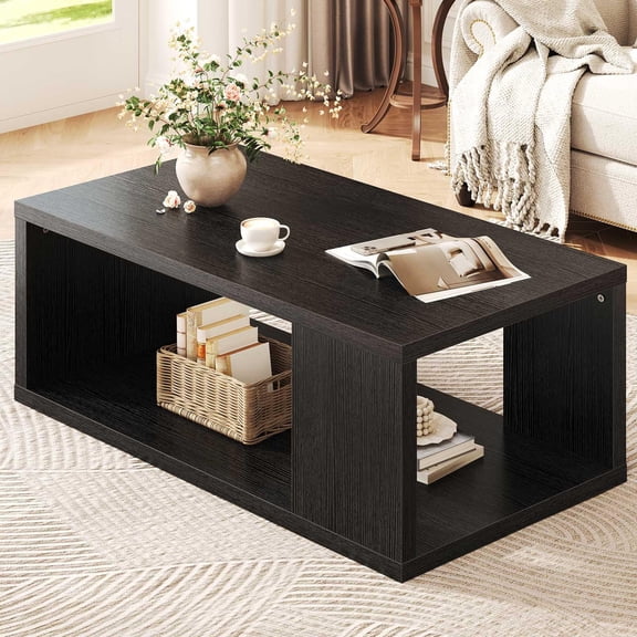 Black Oak Modern Coffee Table with Storage Shelf, 2-Tier Wood Living Room