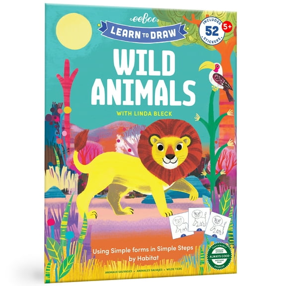 eeBoo: Learn to Draw - Wild Animals - Drawing Guidebook, 50  Stickers, Themed Step-By-Step Lessons, Simple Forms In Simple Steps, Kids Ages 5 
