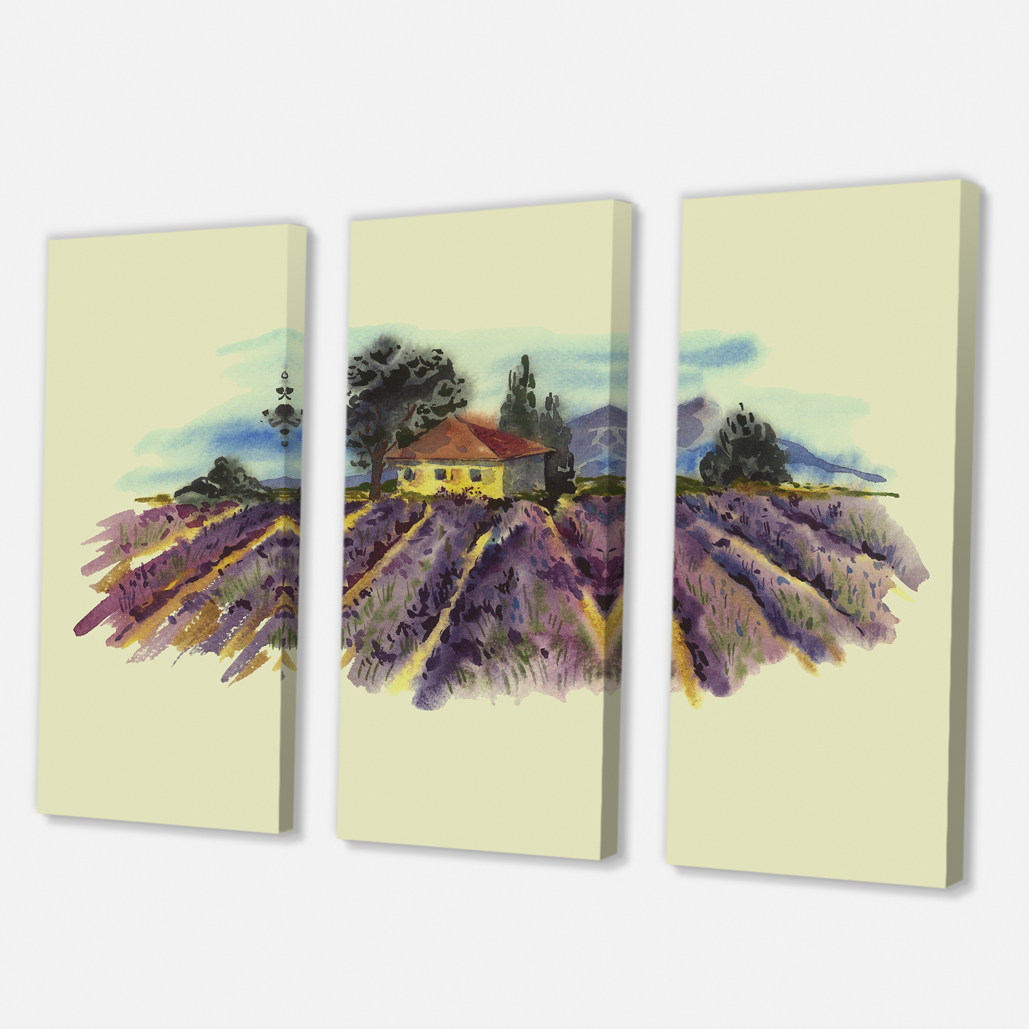 Landscape With Blooming Lavender and Village House 28 in x 36 in Painting Canvas Art Print, by Designart
