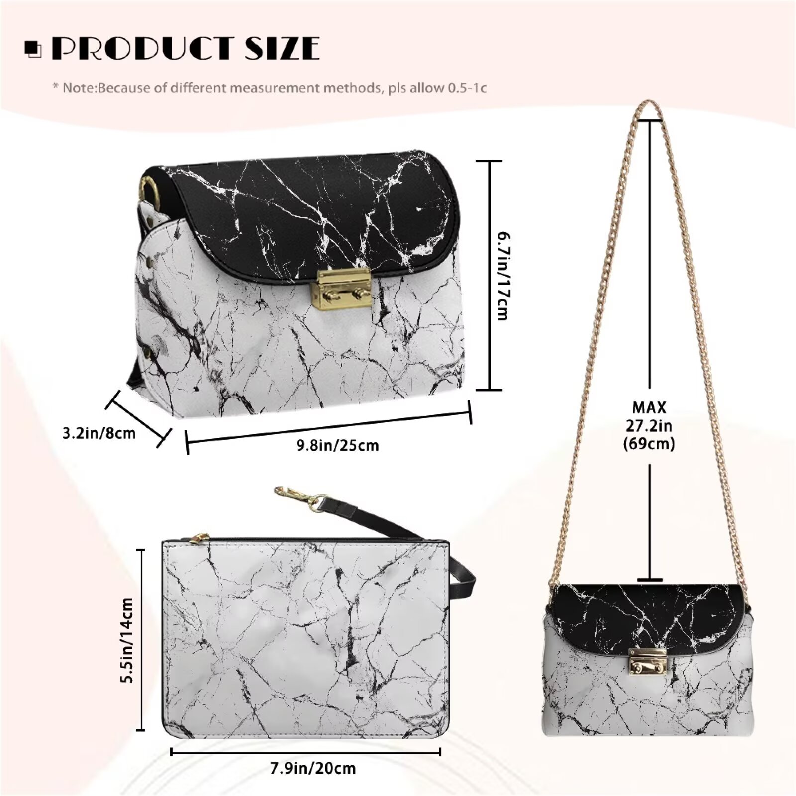 Pzuqiu Black White Marble Crossbody Bags Leather Women Exquisite Craftsmanship Leather Quilted Shoulder Bag with Chain Strap Practical Functional for Daily Use and Travel