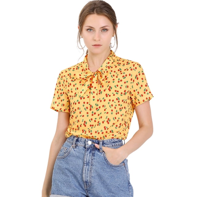 Blusa para Mujer Allegra K estampado de Cereza con cuello con Corbata de lazo Amarillo L