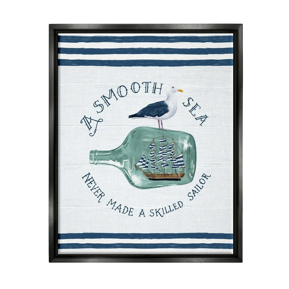Stupell Industries Ship In Bottle Seagull Striped Nautical Phrase Graphic Art Jet Black Floating Framed Canvas Print Wall Art, Design by Raquel Maciel
