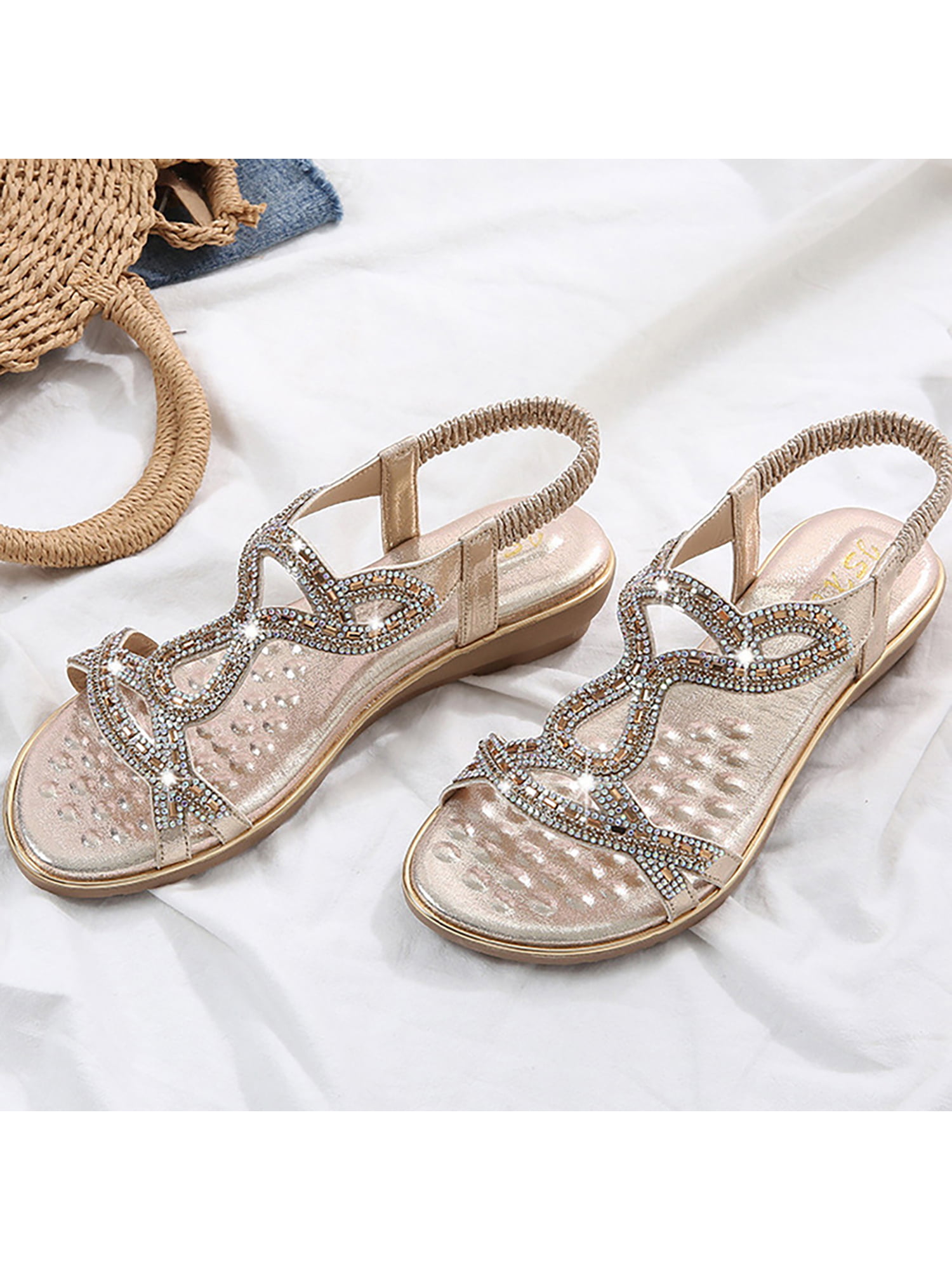 New Womens Flat Diamante Sandals Slingback Embellished Comfy Holiday Shoes Sizes 