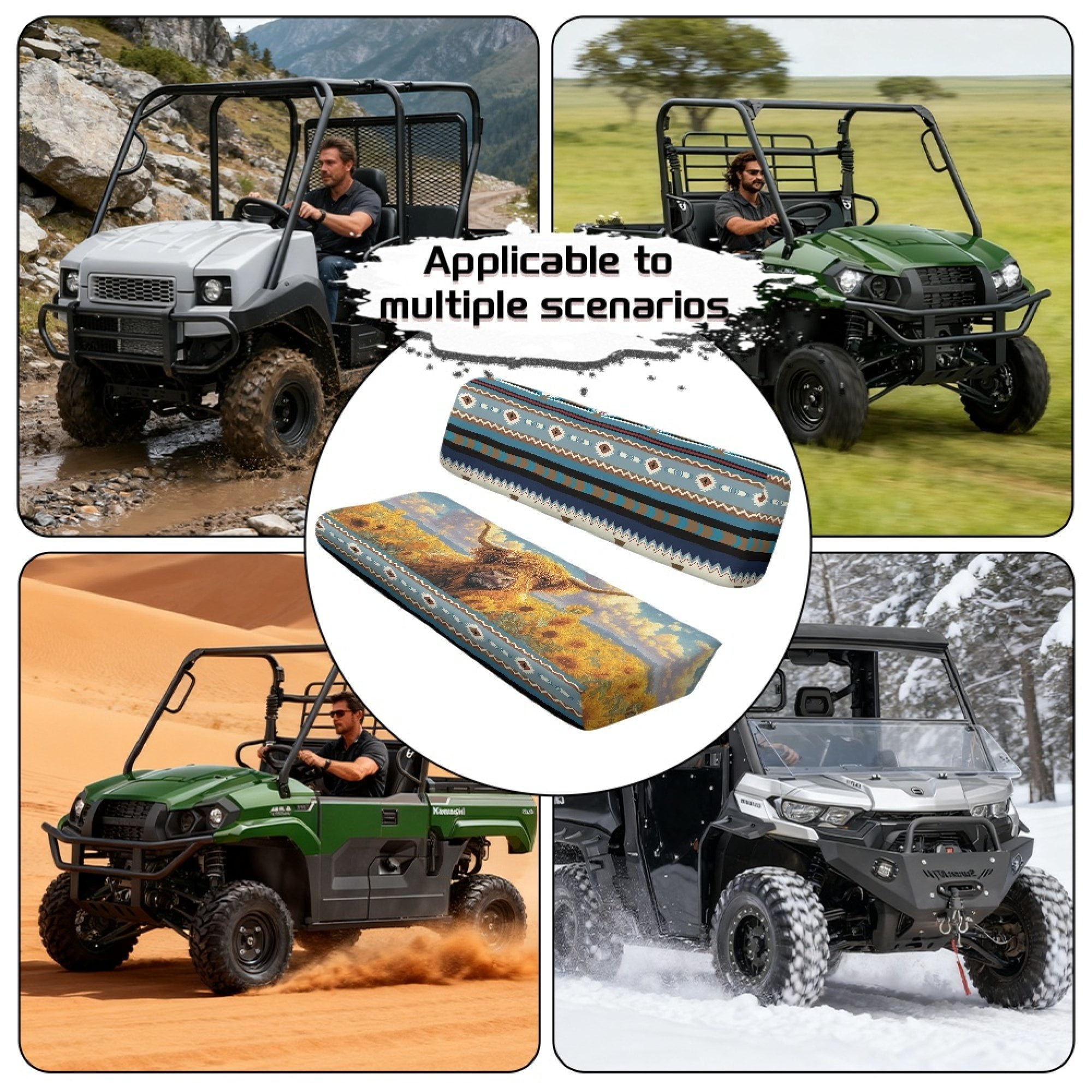 ZIATUBLES 2-Pack UTV Seat Covers Universal Fit Polyester Protector Set for Kawasaki Mule 3000/3010/3020 Bench Seats, Easy Installation & Clean, American Tribal Highland Cow Sunflower Print