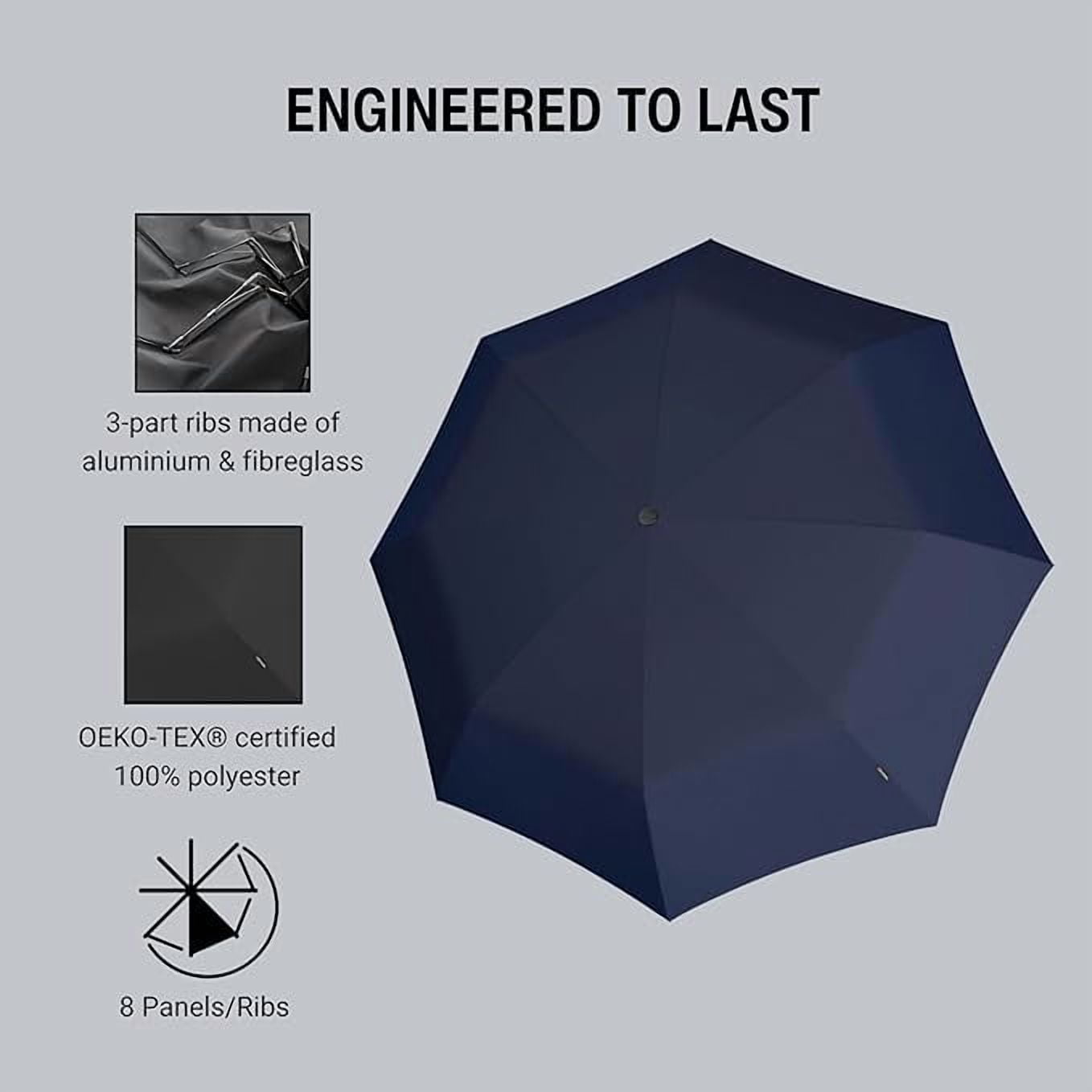 Knirps T.260 Duomatic Medium Pocket Rain Umbrella in Navy– Automatic Open Close, Wind-Tunnel Tested to 93mph, Hook Handle Design, 38in Canopy, OEKO-TEX, Fits in Backpacks & Purses