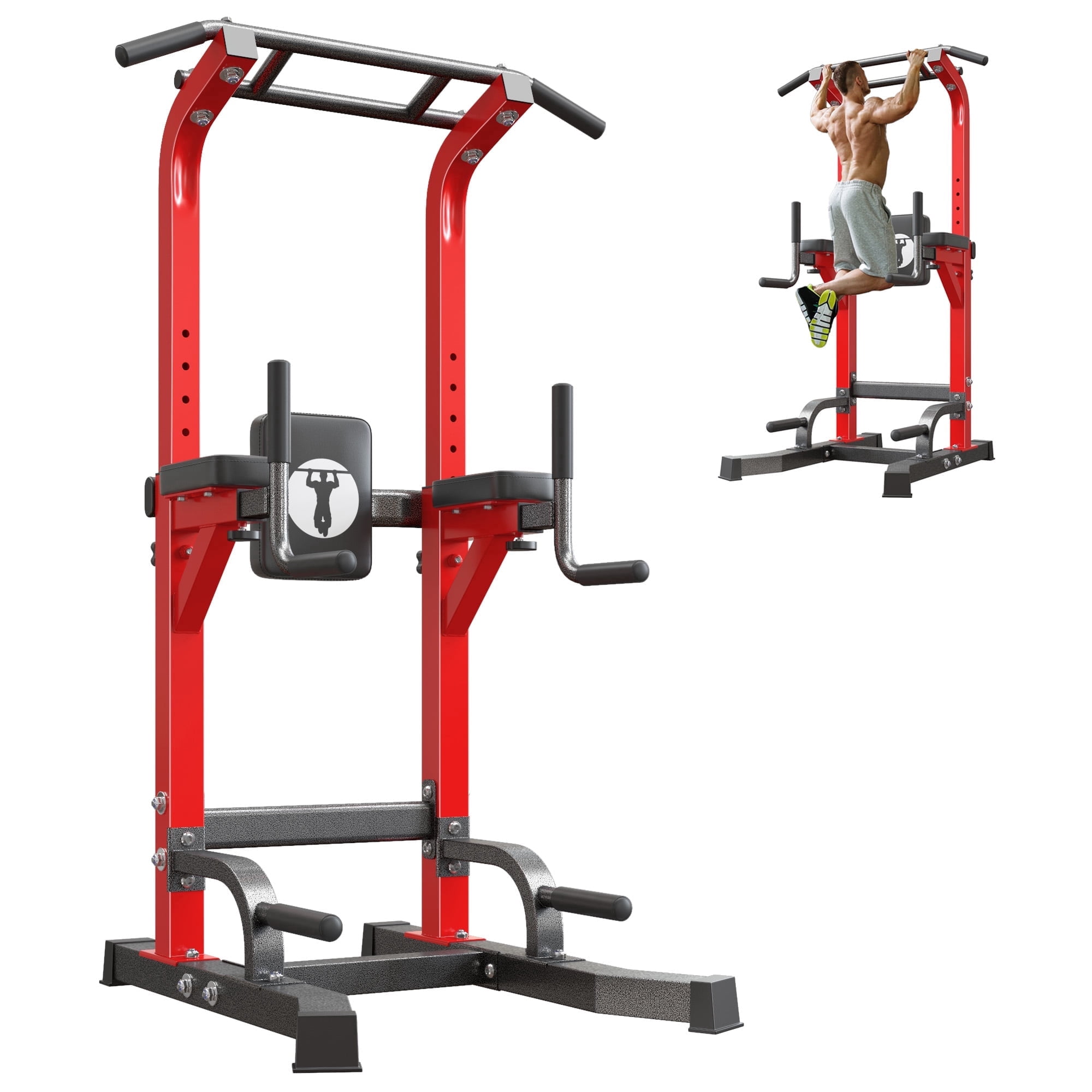 Soges Power Tower Dip Station Pull Up Bar Workout Multi-Function Adjustable Height Strength Training Equipment for Home Gym, Red