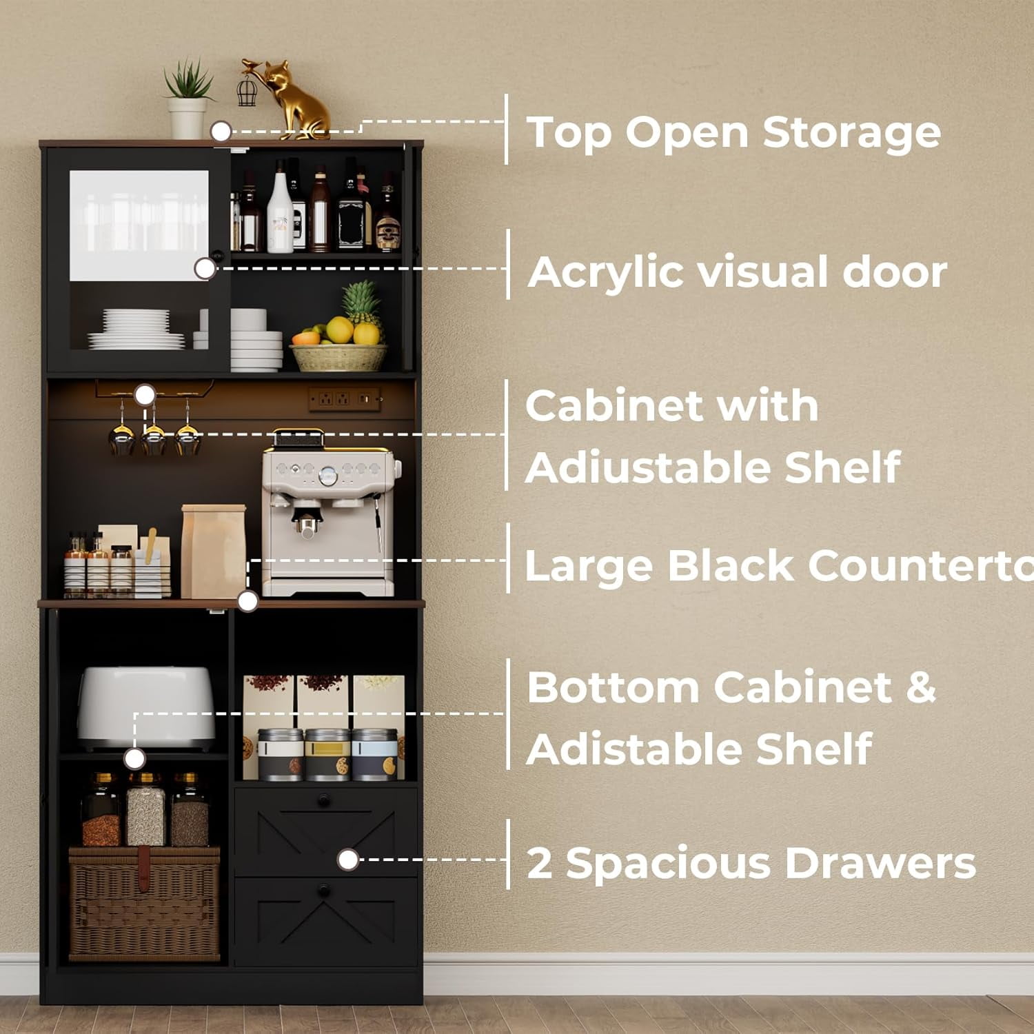 Timagebreze 71 Inch Farmhouse Pantry with LED Lighting & Electrical Outlet, Tall Kitchen Cabinet with Microwave Stand,Black