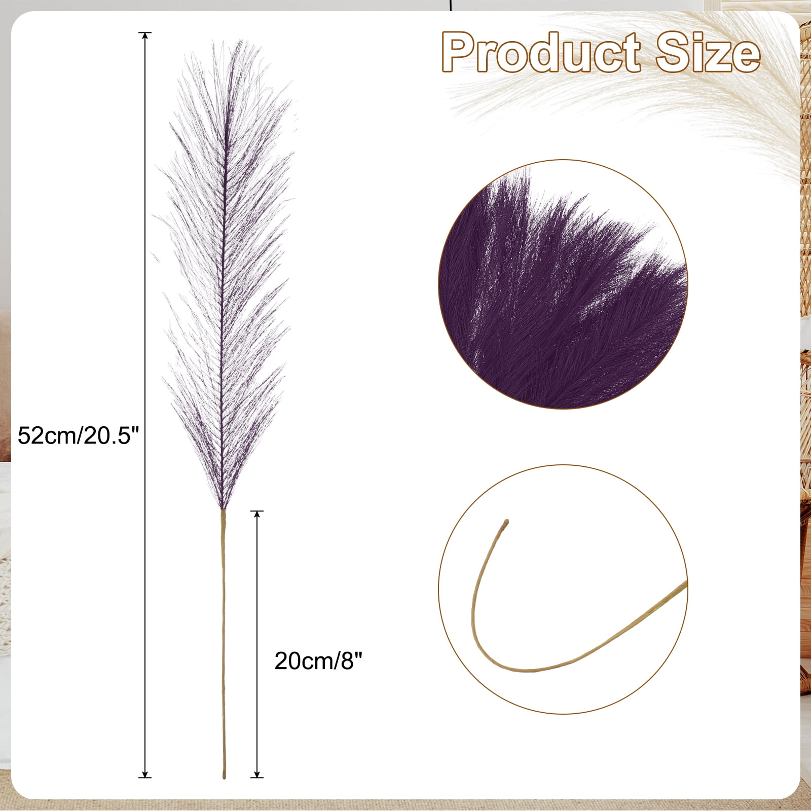 Uxcell 50 Pcs Faux Pampas Grass 52cm/20.5" Artificial Fake Dried Pampas Grass Decor with Stem for Floor Vase Filler, Home Decoration, Dark Purple