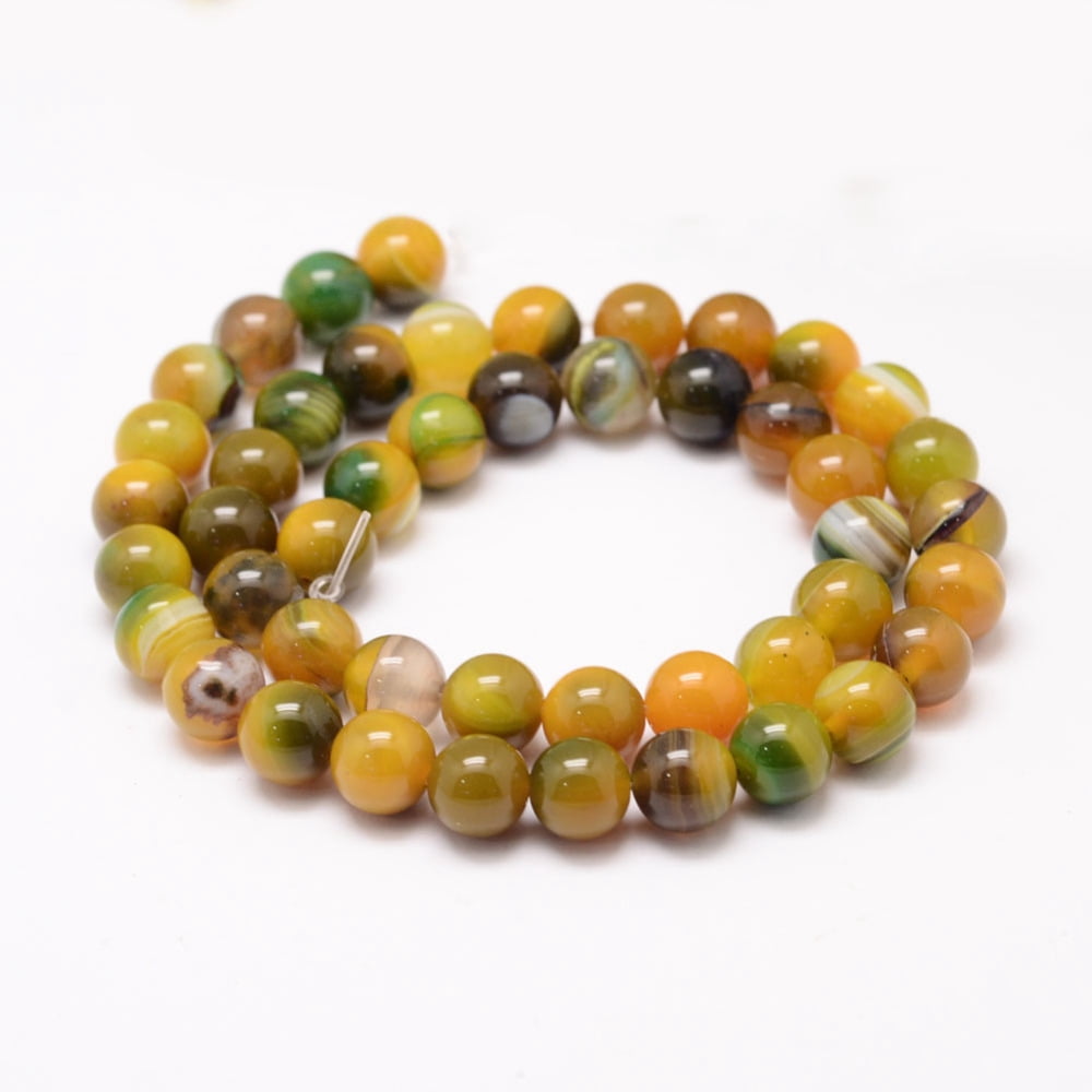 Natural Striped Agate/Banded Agate Bead Strands Round Dyed & Heated Yellow Green 8mm Hole: 1mm about 47~48pcs/strand 14.5 inch