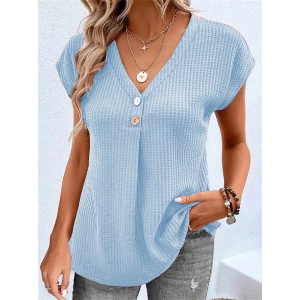 Camiseta holgada con botones y cuello en V para mujer, Top informal de manga corta con murciélago, versión coreana, novedad de verano