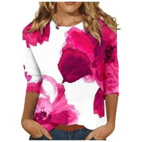 Patlollav Fashion Womens Hot Pink Blouse Comfortable Round-Neck 3/4 Sleeve Print Casual T-Shirt