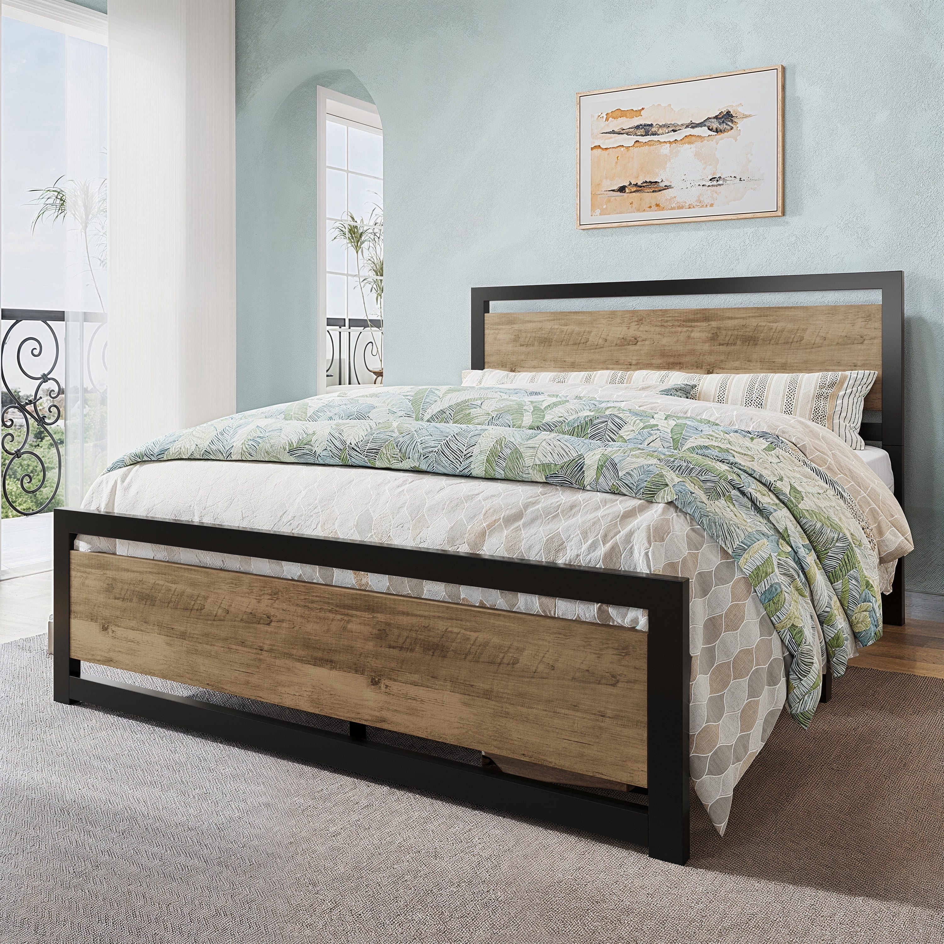 Allewie Queen Bed Frame, Metal Platform Bed Frame with Wooden Headboard, 12.4" Under-Bed Storage, Brown