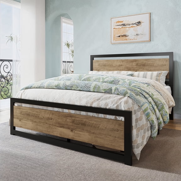 Allewie Queen Bed Frame, Metal Platform Bed Frame with Wooden Headboard, 12.4" Under-Bed Storage, Brown