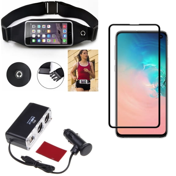 Galaxy S10e Screen Protector w Running Waist Bag w Car Charger Splitter - Tempered Glass 5D Curved Edge, Belt Band Sports Gym Workout, DC Socket 2-Port USB Power for Samsung Galaxy S10e Phone