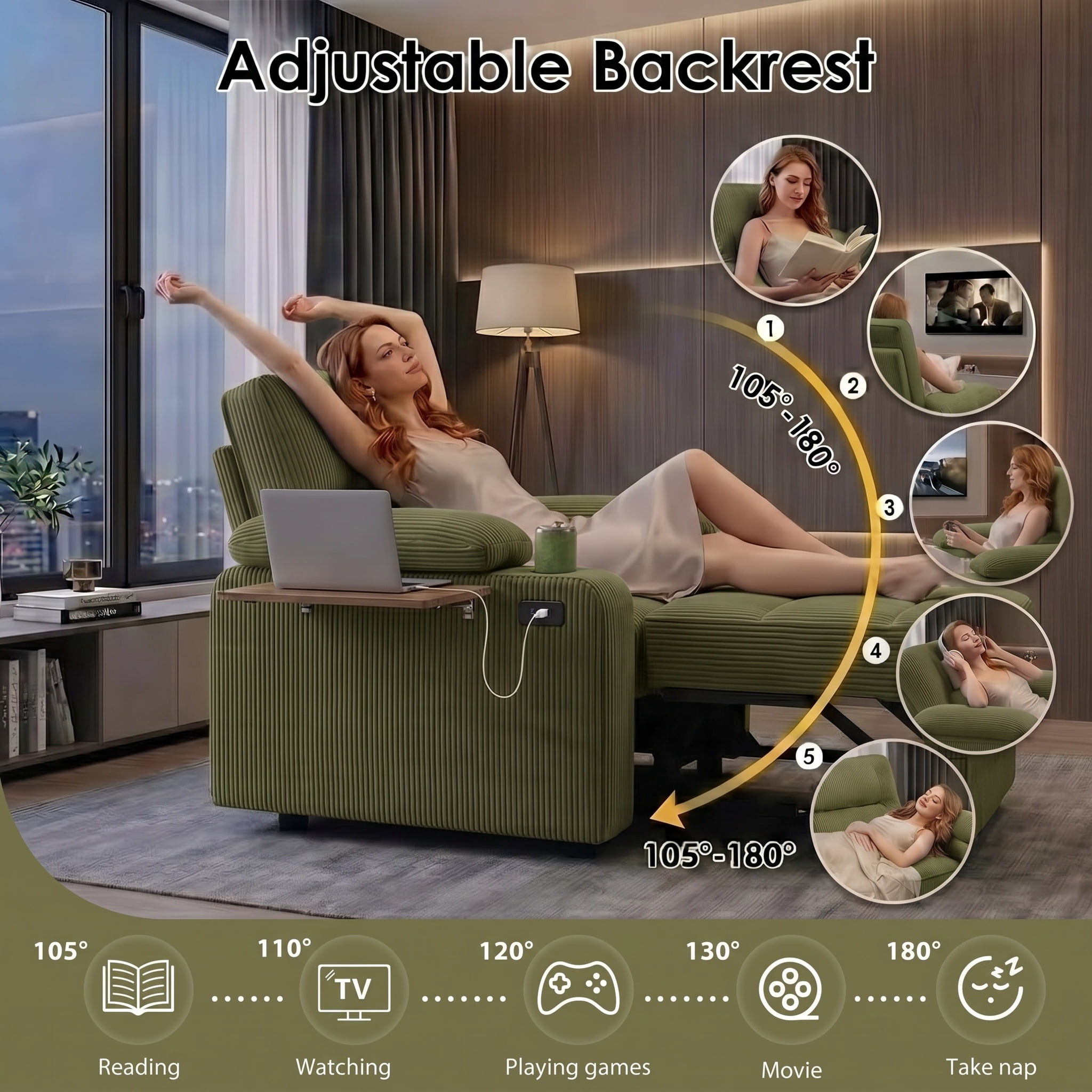 58" Sleeper Sofa Bed, Convertible Pull Out Couch Bed Corduroy Loveseat with Adjustable Backrest, USB Charging Ports, Cup Holders & Foldable Side Table for Living Room Apartment,Green