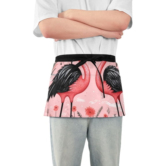 Pink Black Flamingos Waist Apron Adjustable Server Half Apron Kitchen Cooking with 3 Pockets for Men Women