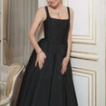 thumbnail image 3 of Black Elegant Square Neck Pleated Waist Fit & Flare Formal Midi Dress, 3 of 7