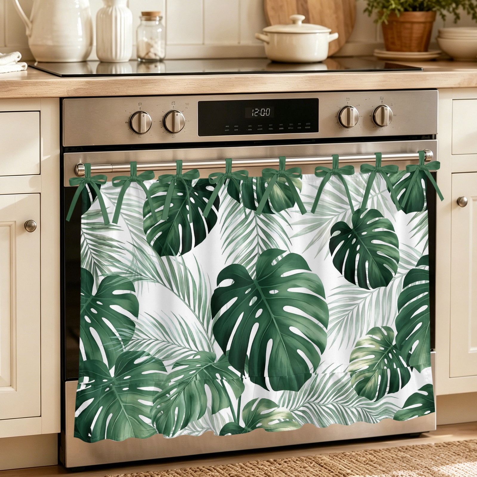 Oven Skirt Curtain for Kitchen 24x32 Inch Green Tropical Plants Oven Curtain with 8 Ribbon Ties & Ruffle Trim Stove Skirt Curtain Dishwasher for Cabinets Over Sinks Summer Botanical Palm Leaves