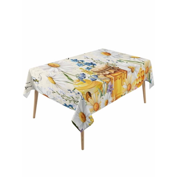 White Daisy Table Cloth, Waterproof Tablecloth for Rectangle Tables, Spring Floral Elegant Pastoral Bees Watercolor Reusable Washable Fabric Table Cover for Restaurant Kitchen Dining Tables 60"x120"