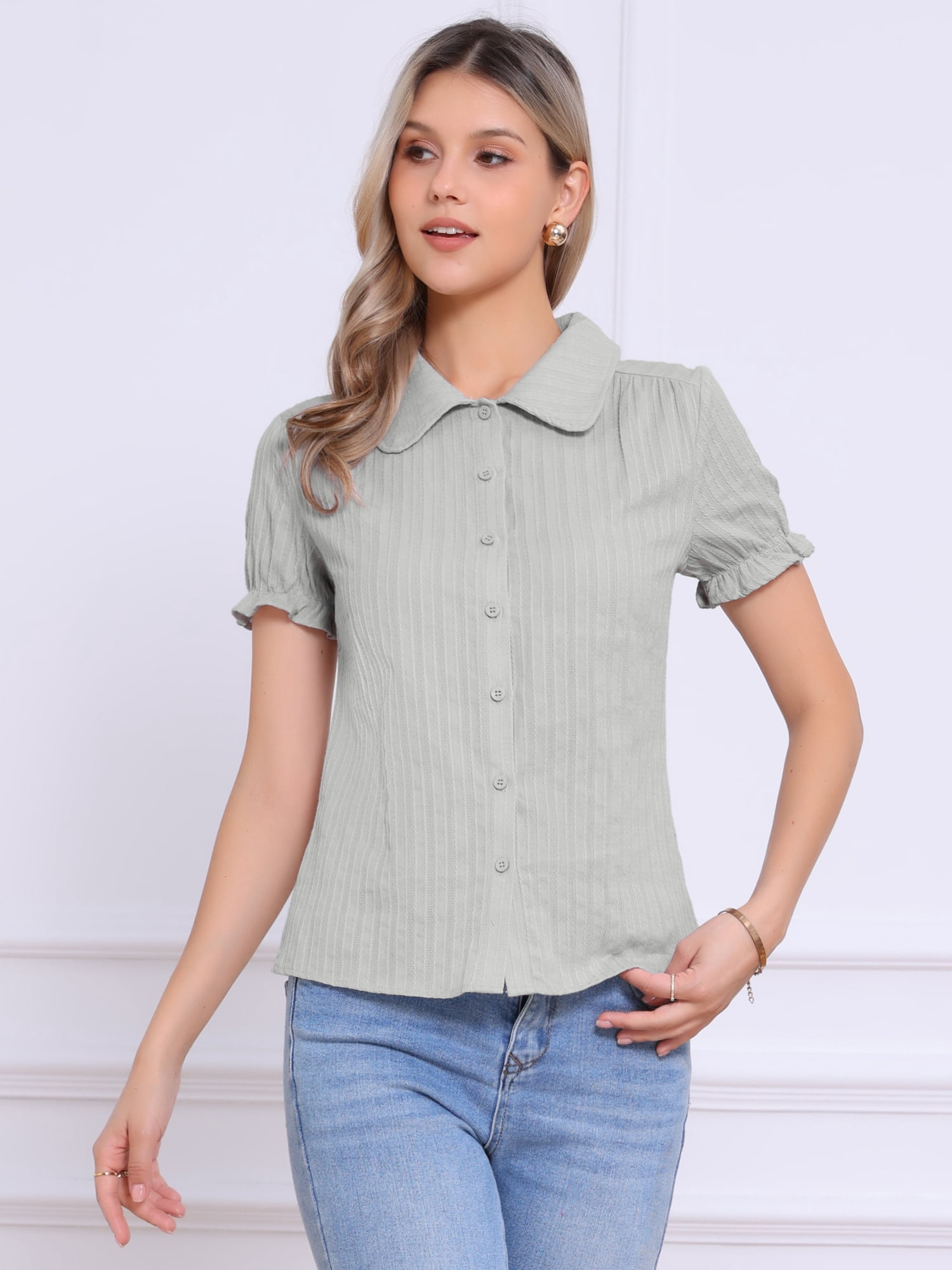 DARING DIVA Women's Collar Shirt Cotton Short Sleeve Button Down Shirt L Light Gray