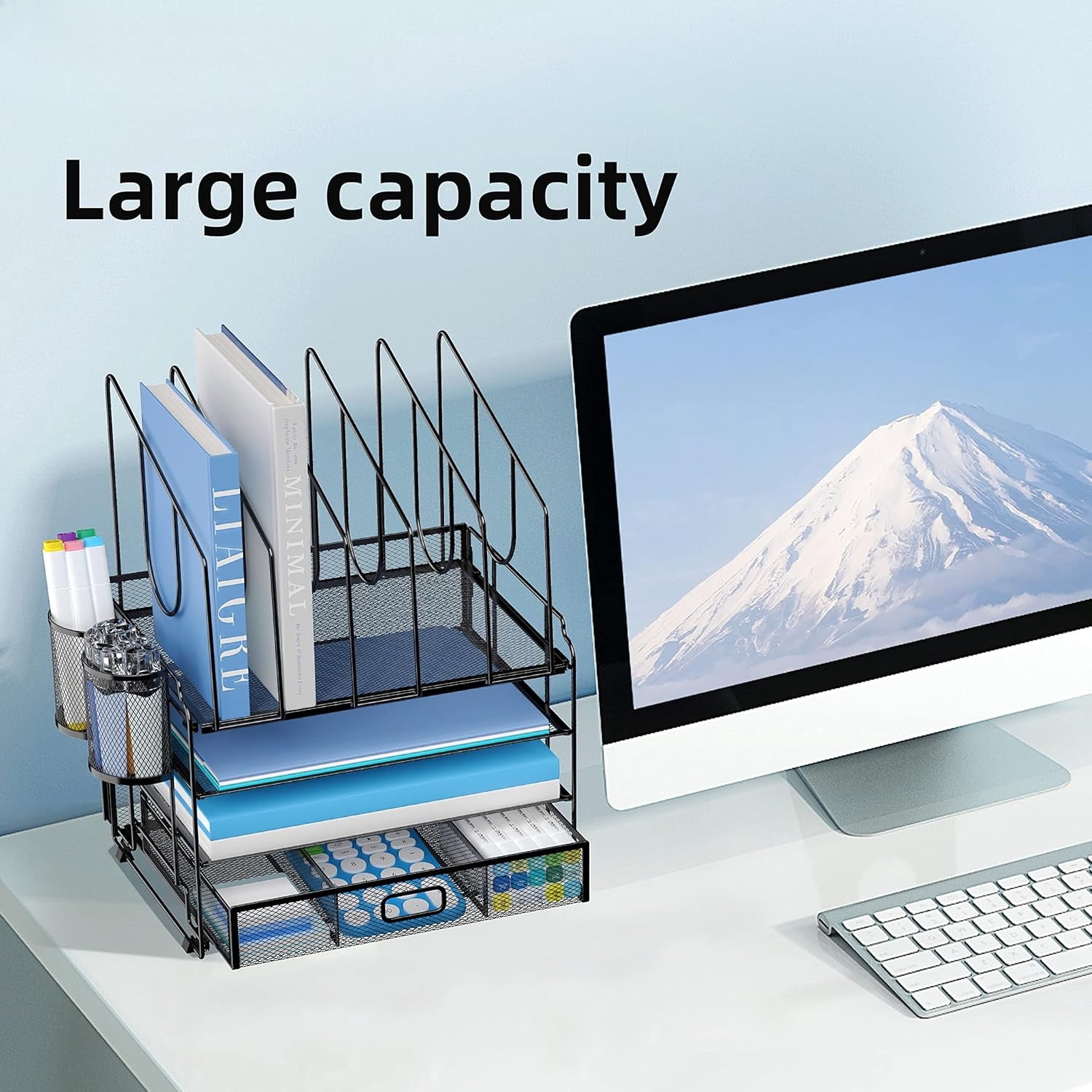 INTIGE 4-Tier Mesh Desk Organizer with Drawer, Desktop Organizer with 5 Vertical File Holders and 2 Pen Holders