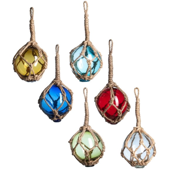 Glass Fishing Floats, 2" Multicolor, 6 Pack, Japanese Glass Buoys with Rope for Decoration