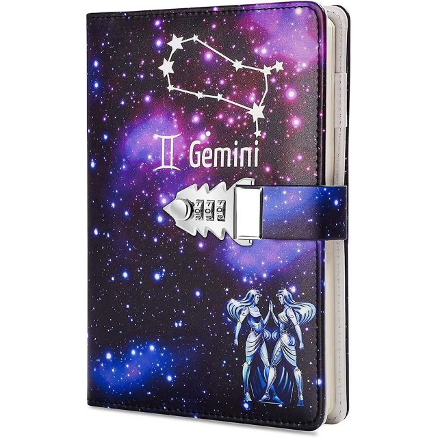 Diario creativo A5 con contraseña y combinación de cuero sintético, bloc de notas con candado (geminis)
